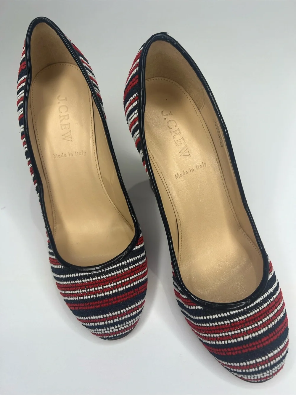 J. Crew Red, White & Navy Striped Beaded Pumps (NWOT)